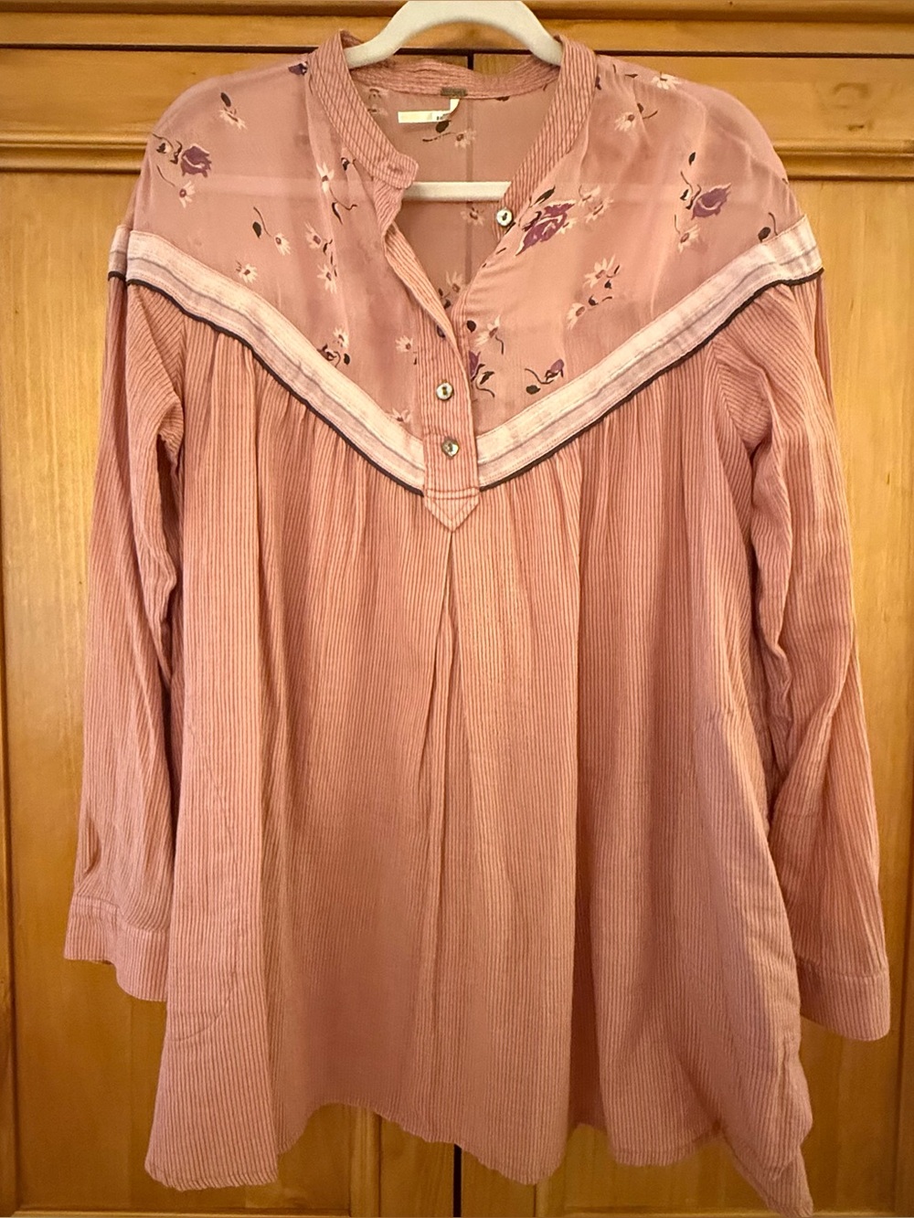 Free People Long Sleeve Dusty Rose Pink Tunic Top with Sheer Floral Detail M
